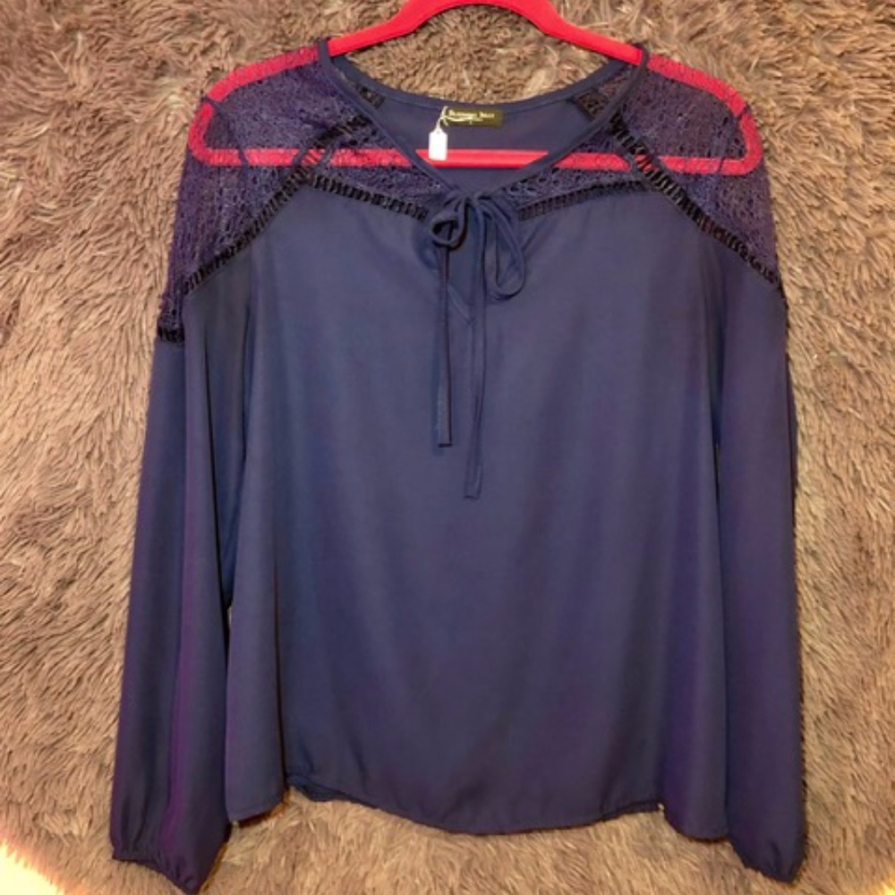 Navy "Cold Lace Shoulder" Blouse